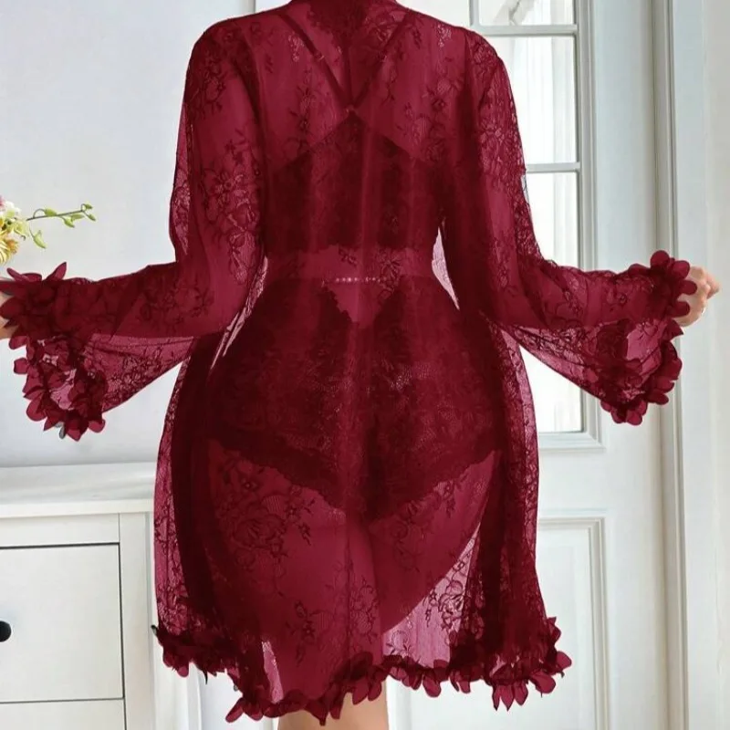 Women Sexy Robe Lingerie Set Lace V-neck Halter Bralette Underwear Suit + Transparent Mesh Bathrobe Nightwear Female Sleepwear image 4