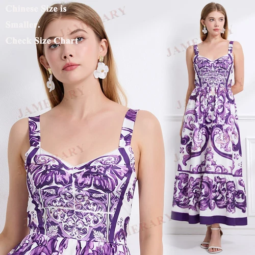 Vestidos largos con estampado Floral de verano para mujer, vestido veraniego con tirantes, estampado de porcelana blanca púrpura, espalda elástica, vestido Maxi de playa elegante a la moda