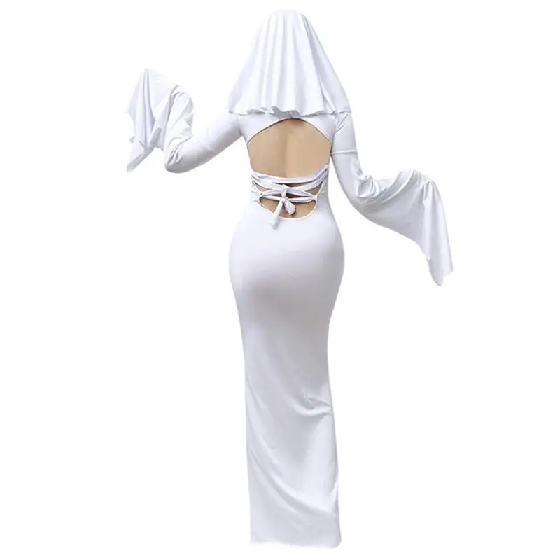 39BD Kostüm Damen Erwachsene Kostüm Weißes rückenfreies Kleid mit Maske für Halloween Party Cosplay – Detail 4