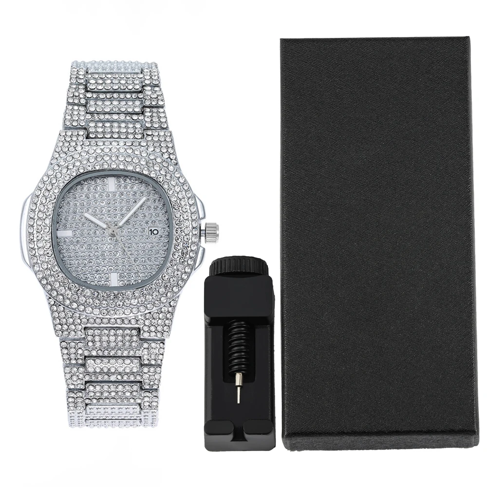 1pc Men Women Quartz Watch Iced Out Hip-hop Punk Full Diamonds Wrist Watch Bundled Size Adjuster Stylish Party Jewelry Gift Box