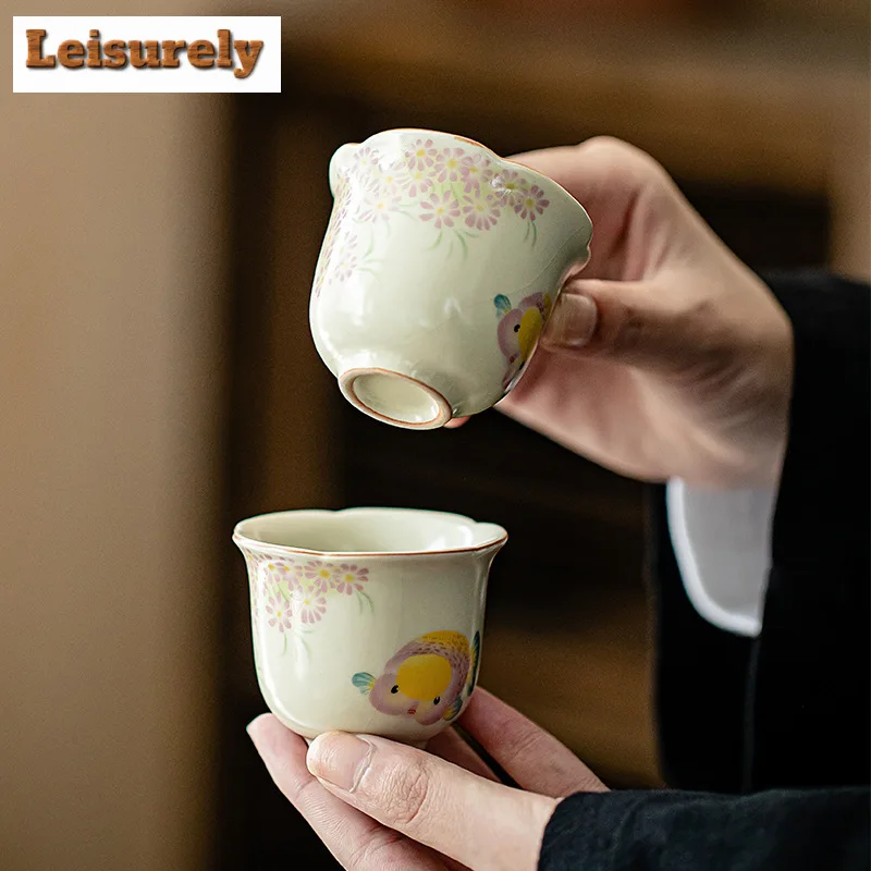 2pc/set Retro Ru Kiln Ceramic Teacup Creative Golden Fish Master Cup Small Flower Mouth Cup Can Raise Mug Kung Fu Tea Set 50ml