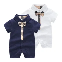 New Arrival letnia moda noworodka ubranka dla dzieci bawełna w kratę paski z krótkim rękawem dżentelmen Baby Boy śpioszki dziewczęce 0-24 miesięcy