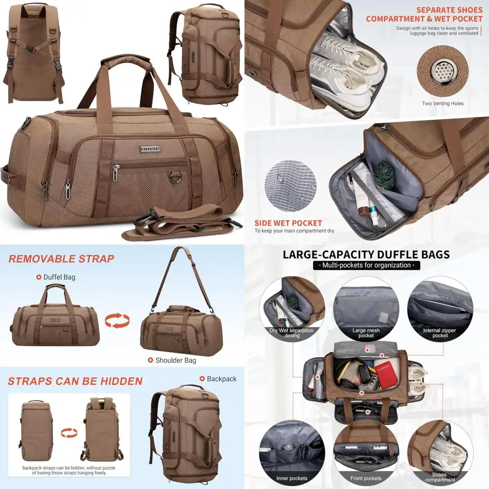 حقيبة قماشية 3 في 1 للرجال للسفر - حقيبة ظهر بسعة 40 لتر مع حجرة للأحذية، حقيبة عطلة نهاية الأسبوع بين عشية وضحاها