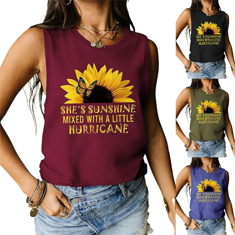 

New fashion summer cotton She's sun shine butterfly Sunflower print loose sleeveless crew neck tank top