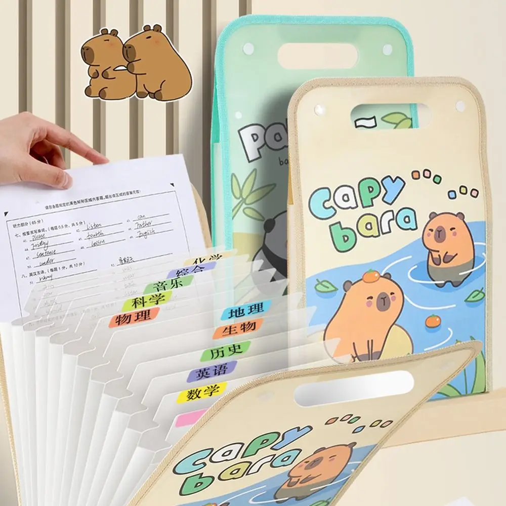 Panda Handheld A4 File Folder Cute Multi-layer Test Paper Storage Bag Large Capacity 13 Pockets Capybara File Storage Holder