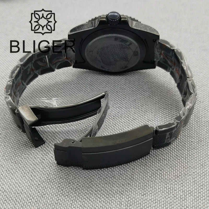 BLIGER 40mm Watch For Men NH35 Automatic Mechanical Wristwatch Full Black Case Sapphire Glass Carbon Fiber Bezel Waterproof Date