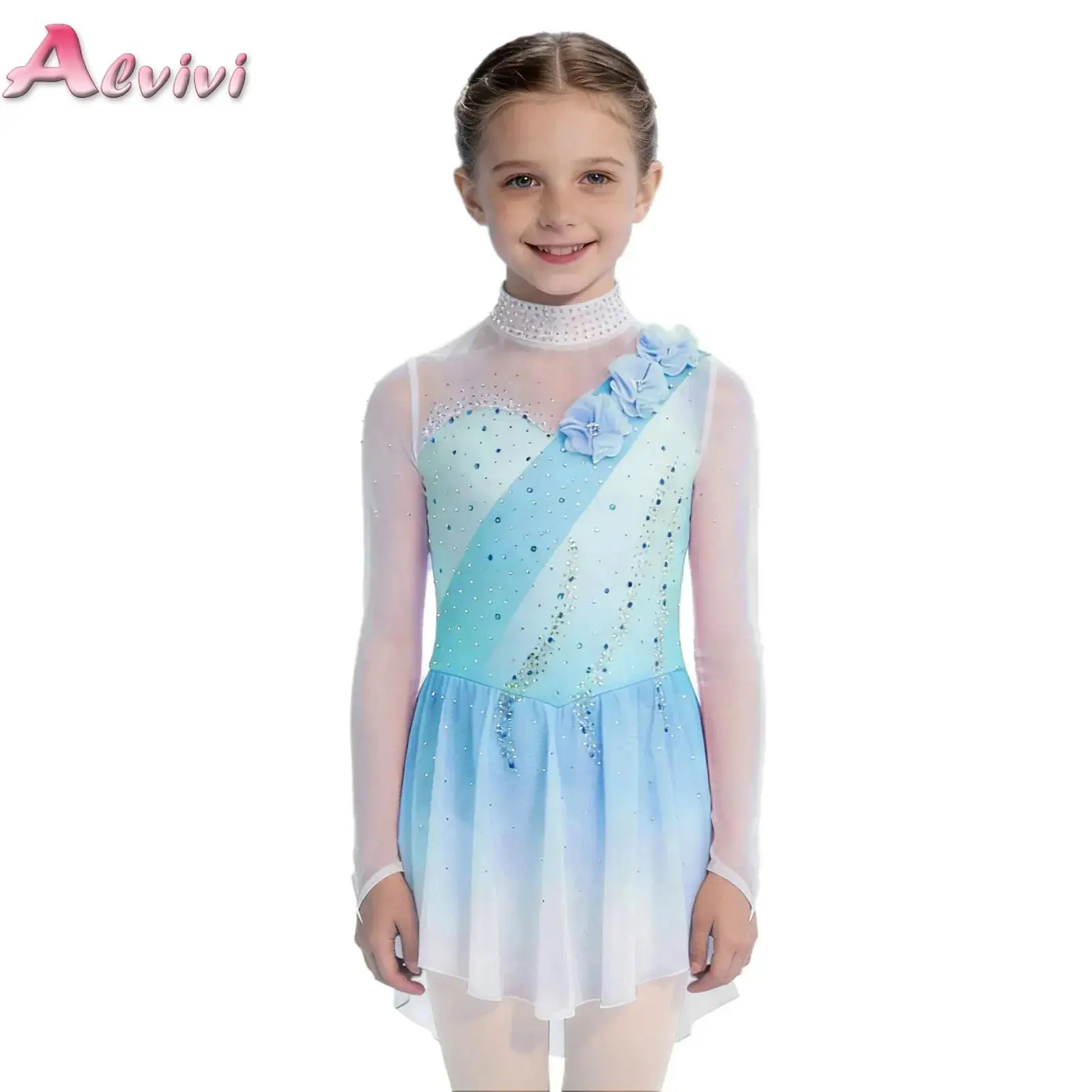 

Kids Girls Long Sleeves 3D Flowers Rhinestones Gradient Color Dance Dress Figure Skating Rhythmic Gymnastics Leotard Tutu Dress