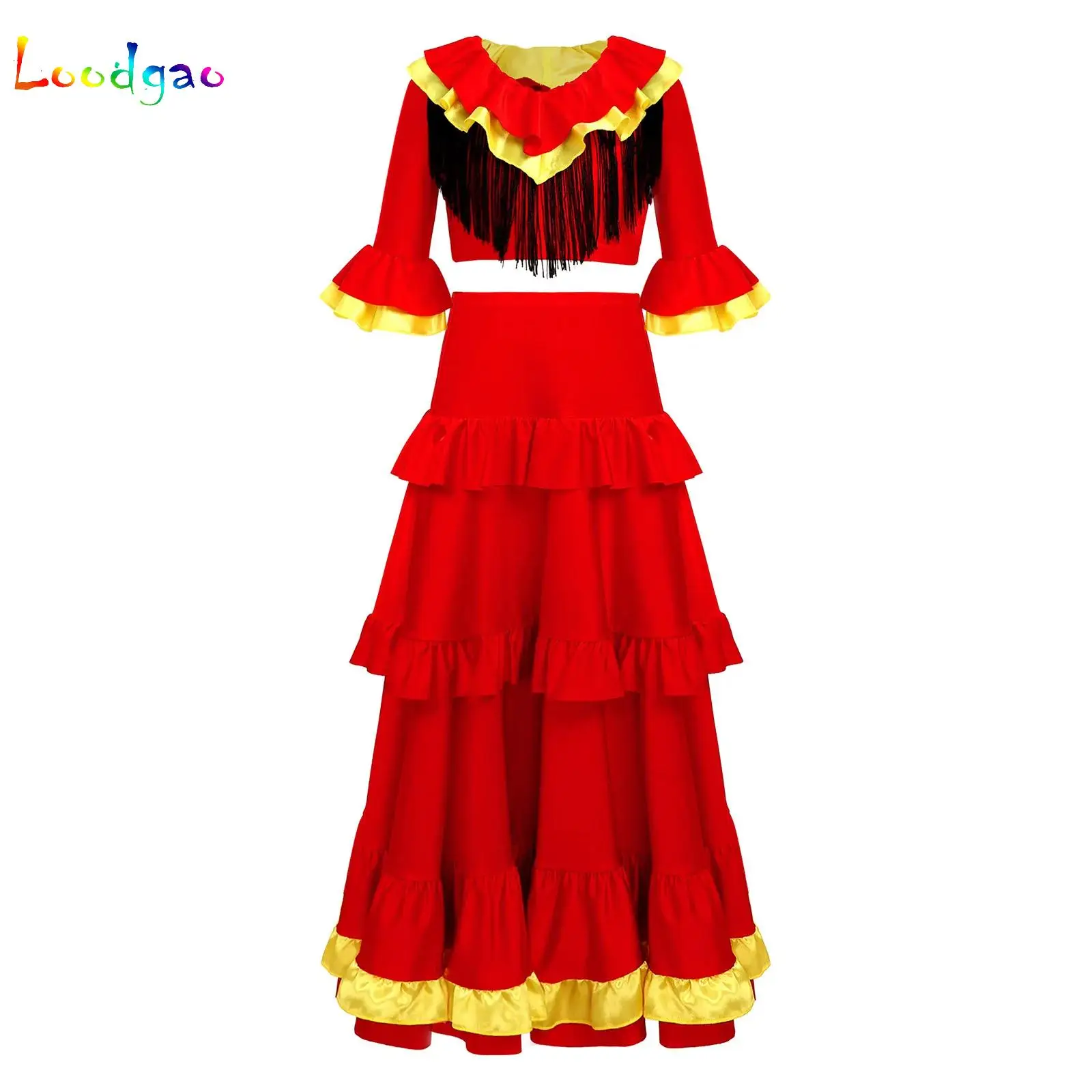 

Kids Gypsy Girl Spanish Flamenco Dance Suit Tassel Crop Top+Ruffles Skirt Fringed Big Swing Belly Dancing Team Performance Set