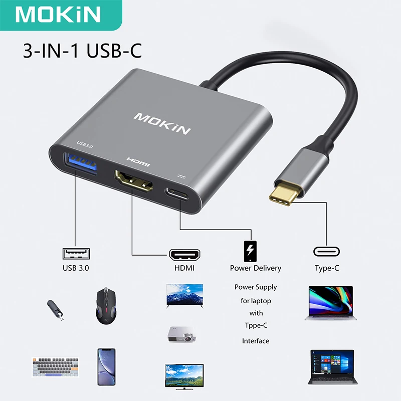 MOKiN USB C To HDMI Adapter 4k Thunderbolt 3 USB3.0 Port USB-C Charging Port Multiport Adapter for Macbook IPad 2021 2022 Xiaomi