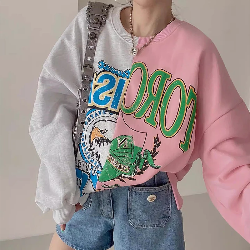 سويت شيرت كلاسيكي أنيق برقبة دائرية وأكمام طويلة مطبوع عليه حروف فضفاضة للنساء على الطراز الكوري، بلوزة مريحة للخريف