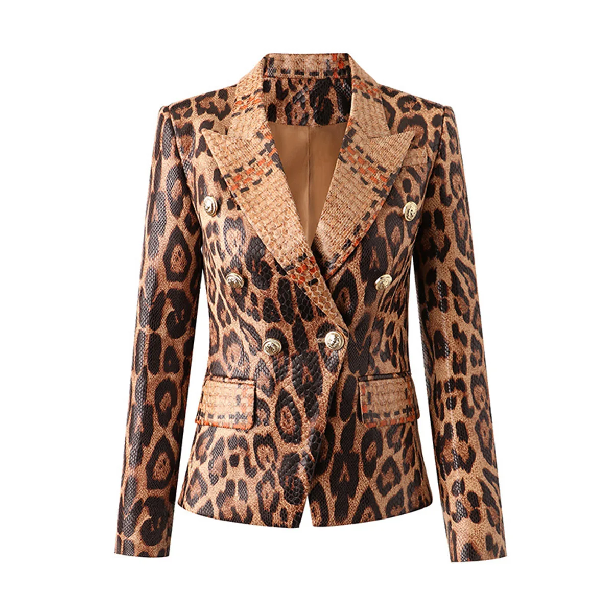 Fashion Latest Design Pu Women Blazer Leopard Print Double Breasted Buttons Faux Leather Jackets