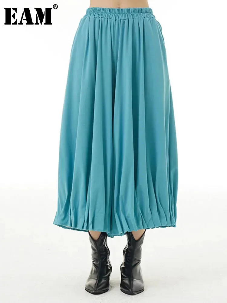 [EAM] High Elastic Waist Blue Green Casual Pleated Bud Half-body Skirt Women Fashion Tide New Spring Autumn 2025 1DH6541