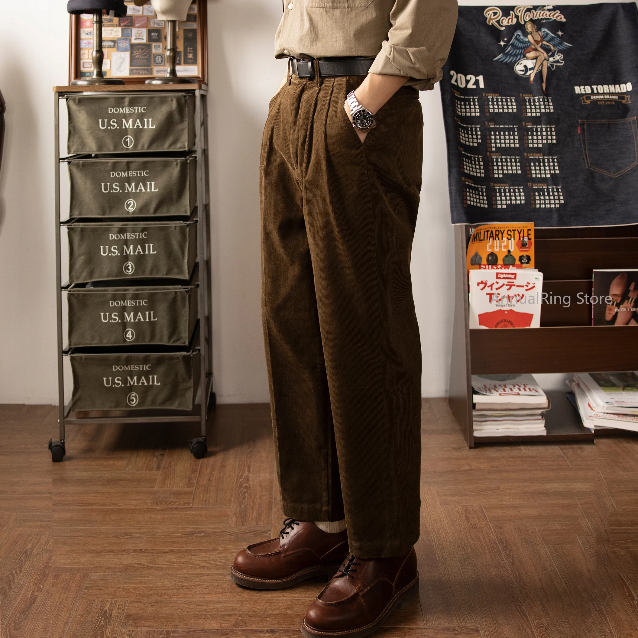 

Red Tornado Men's Pleated Corduroy Pants Brown Relaxed Fit Vintage Heritage Style Work Trousers