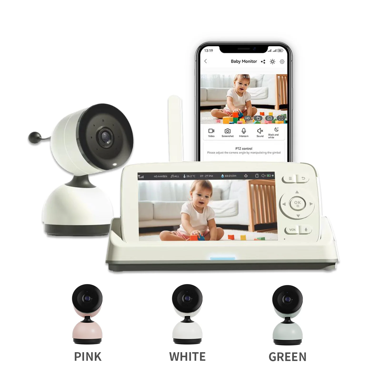 5Inch 2MP 1080P Wireless PTZ Remote Control Temperature Display Baby Monitor Cry Detection   Intercom Video Camera Babysistter