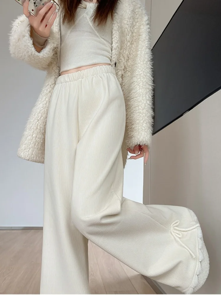 Arco em forma de lã veludo quente veludo calças largas perna para mulheres outono inverno cintura alta emagrecimento solto calças de perna reta