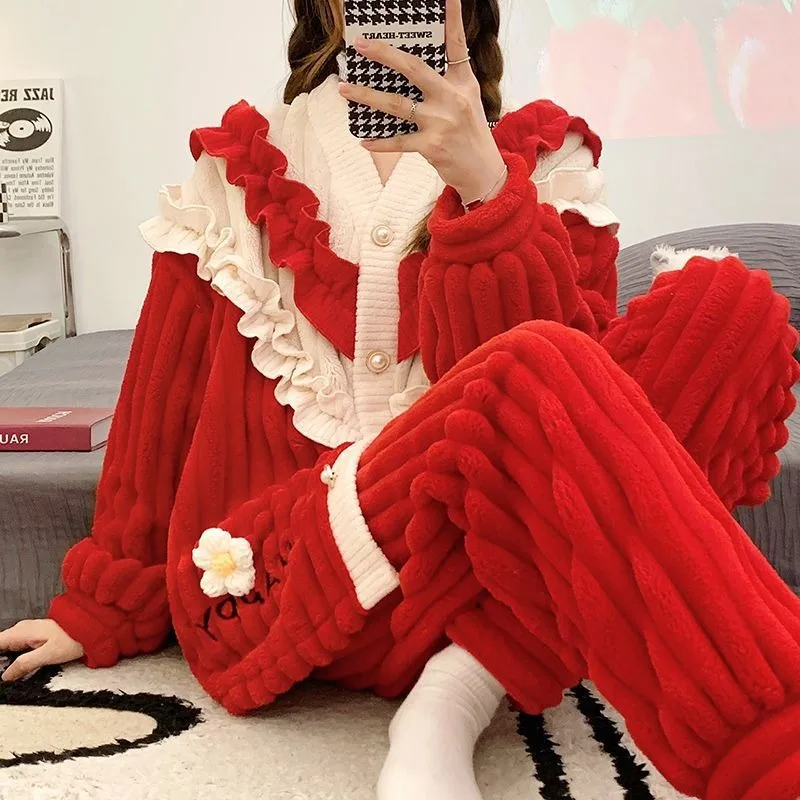 

Coral Velvet Pajamas for Women Autumn/Winter Flannel Cardigan Warm Thick Red Home Wear Long Sleeve Pajama Set pijamas women