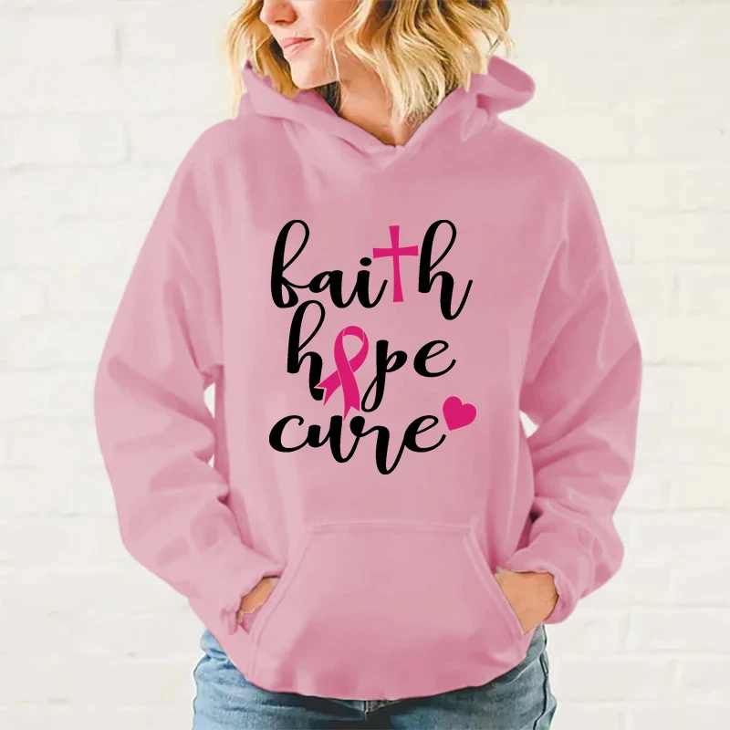 Breast Cancer Awareness Faith Hope Cure Print Sweatshirt Women'S Casual Top Harajuku Fashion Hooded Sweatshirt Long Sleeve Tops