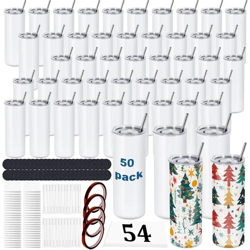 50 Pack 20 OZ Sublimation Tumblers Bulk, Skinny Straight White Sublimation Cups, Stainless Steel Double Wall Insulated Tumbler f