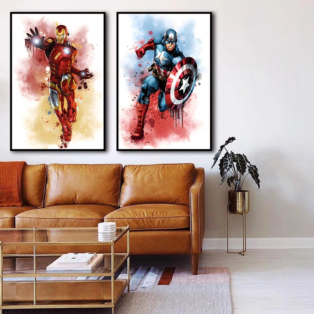 MINISO Marvel película vengadores acuarela lienzo carteles Spiderman Iron Man Hulk arte de la pared del hogar pintura impresiones decoración de la
