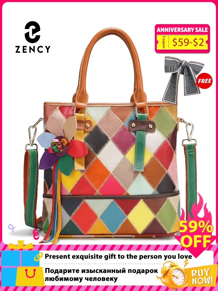 

Zency Women's Fashion Patchwork Tote Bag Genuine Leather Handbag Large Bohemia Shopper Bag Floral Crossbody For Books Ipad Keys