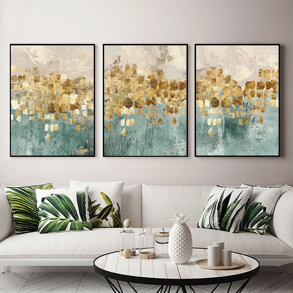 3pcs Set Abstract Green Blue Painting With Gold Foils Nordic Modern Posters And Prints Wall Art For Living Room Home Decoration