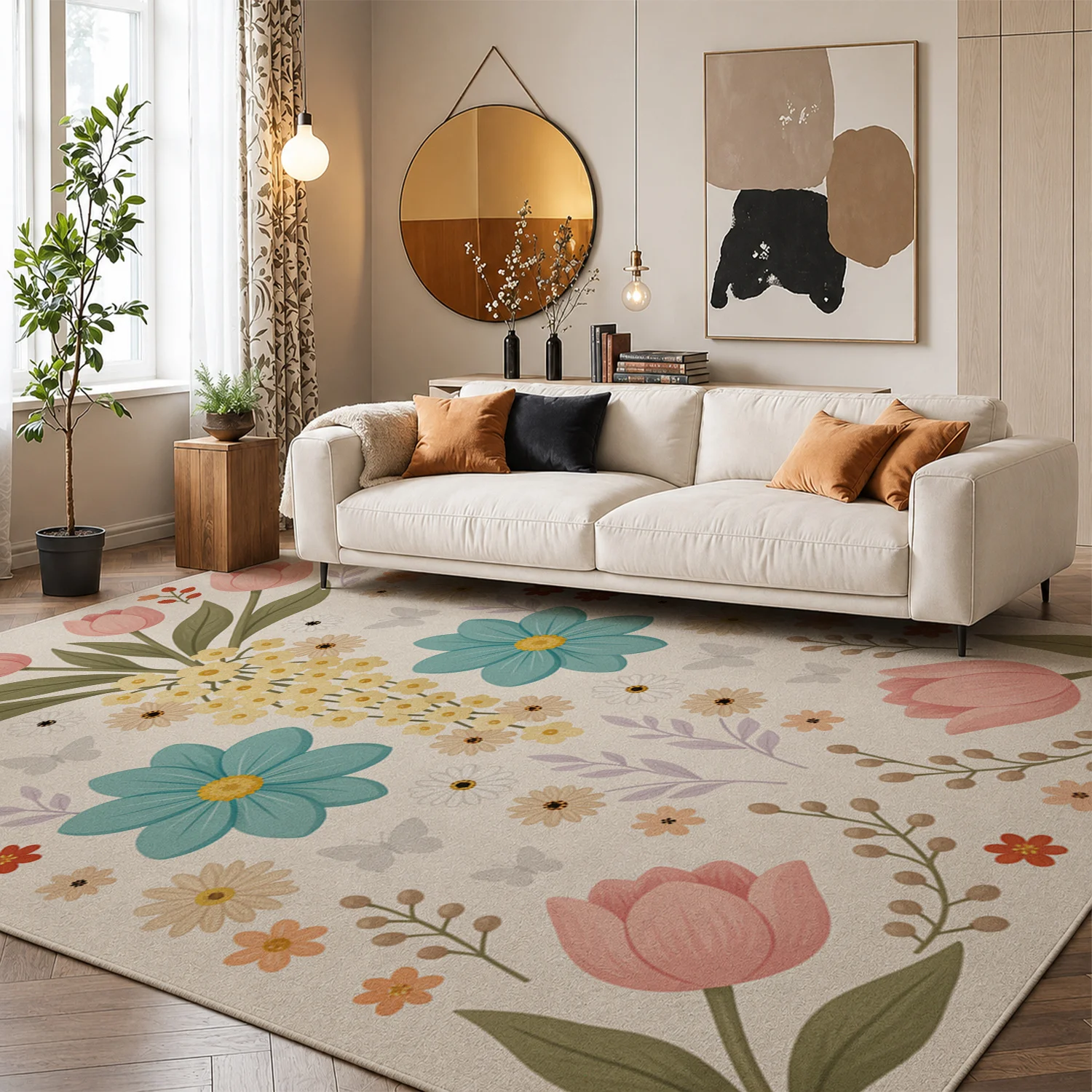 Floral Tulip Daisy Butterfly Pattern Velvet Decorative Area Rug, Machine Washable Soft Plush Floor Rug for Living Room, Bedroom, Dining Room, Ideal for Halloween, Thanksgiving, Christmas, New Year Home Decoration