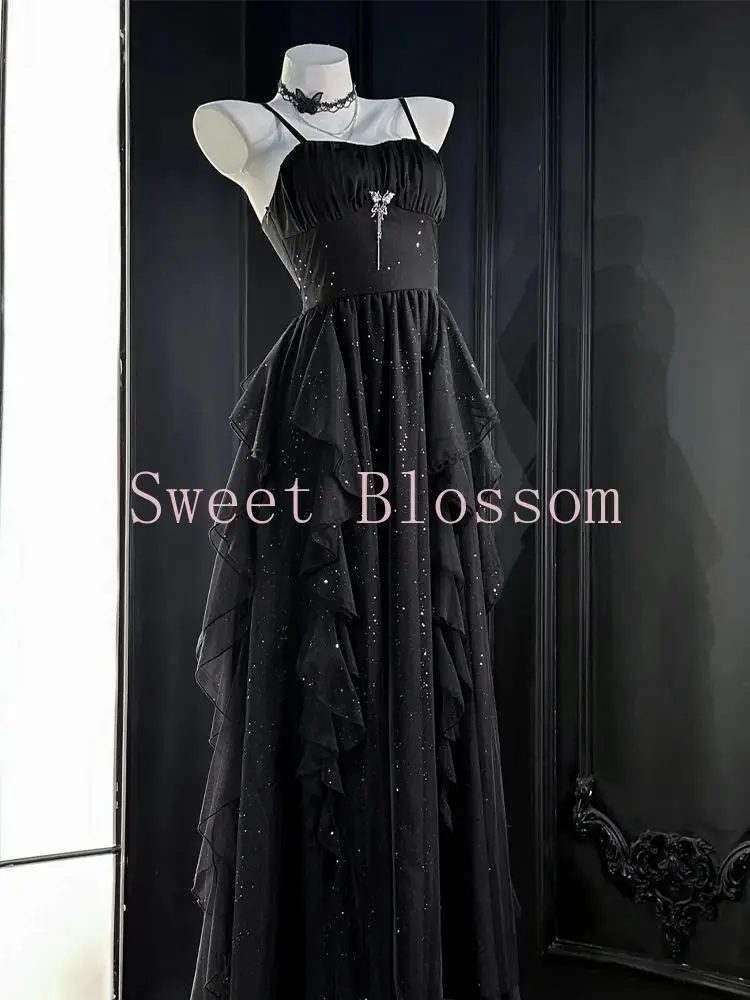 New Dark Academia Gothic Black 2 Piece Set Women Design Sense Fluffy Dress + Fit Chic Tops Summer Vintage Elegant Party Outfits