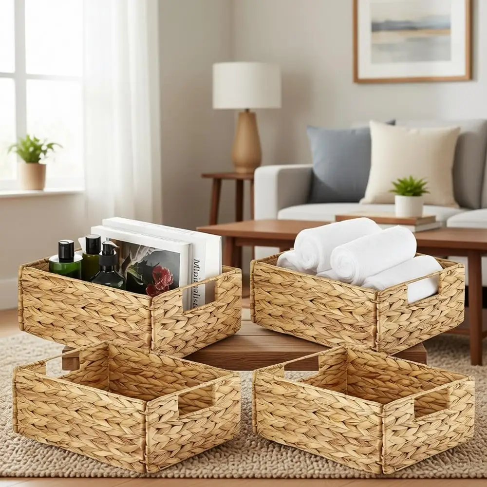 

Набор из 6 натуральных плетеных корзин для хранения с ручками для белья и организации пространства