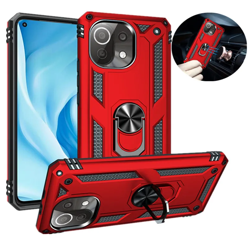 Darbeye dayanıklı sağlam manyetik halka standı Fundas TPU tampon kapak için Xiaomi Mi 11 Mi 11 Pro Mi 11 Lite 5G kılıf Coque koruyucu kabuk
