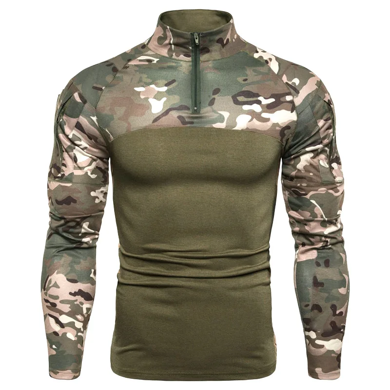 Summer New Men's Camouflage Color Blocking Stand Up Collar Zippered Long Sleeved T-shirt Fashionable High Street Casual Top