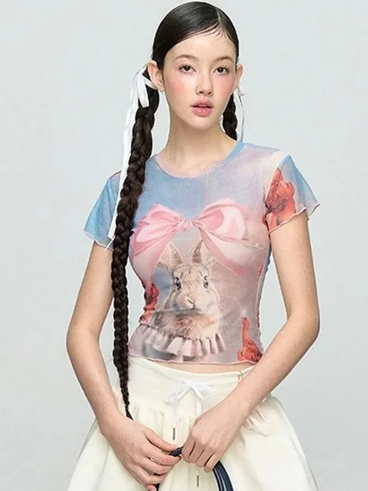 Bow Tie Rabbit Ropa De Mujer See Through Camisetas Streetwear O-neck Crop Top Women Y2k Clothes Short Sleeve Graphic T Shirts