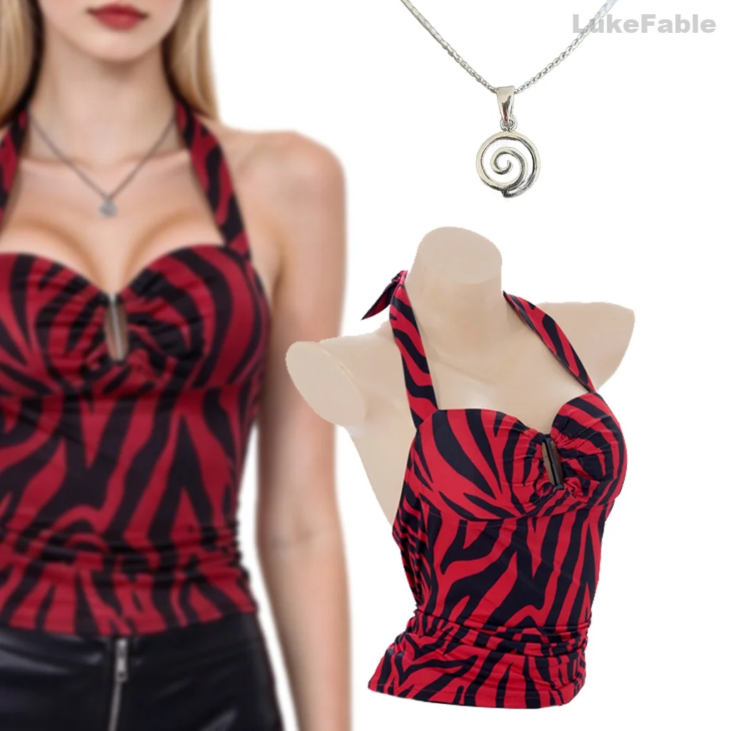 Red Black Striped Halter Top Backless Cut Out Cinched Waist Camisole with Spiral Necklace Set Vintage Rockabilly Women Halloween