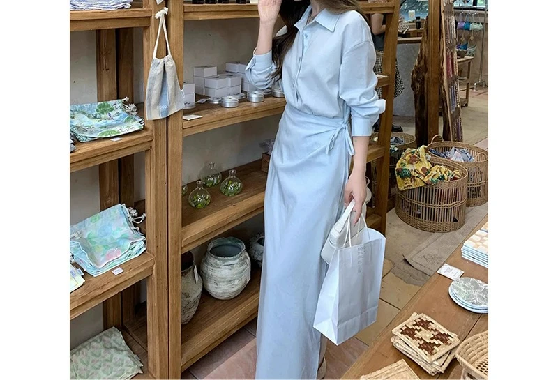 

High-end Fake Two-piece Blue Shirt Dress Women's Early Autumn Design Showing Thin Temperament POLO Long Dress