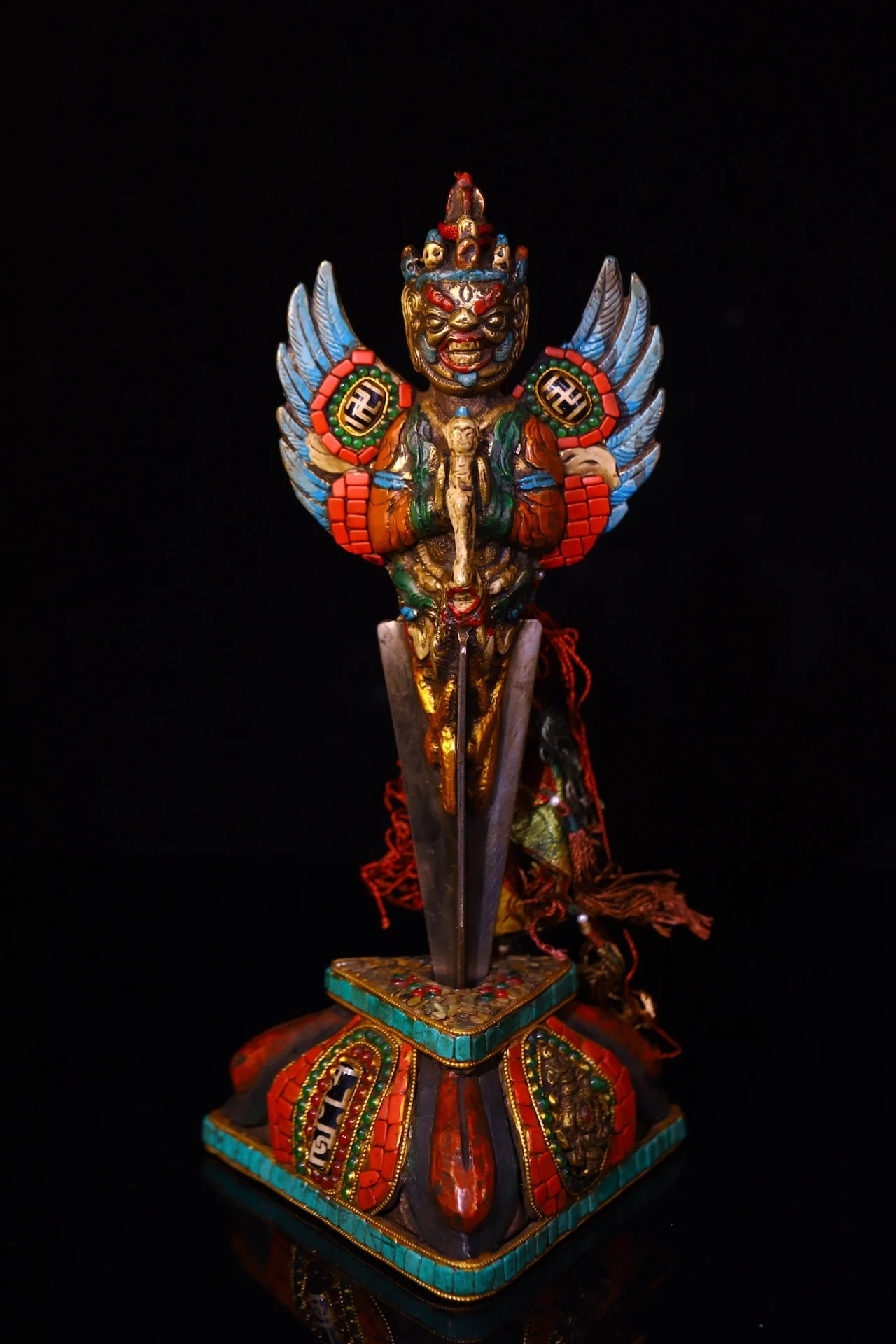 

8"Tibetan Temple Collection Old Bronze Mosaic Gem gZi Beads Turquoise GARUDA Puma Vajrayana Buddha Vajra Phurpa Worship Hall