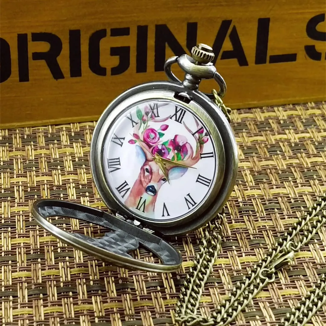 10pcs/lot Half Hunter Elk Head Roman Numerals Bronze Men's Quartz Pocket Watch Trendy Retro Women's Necklace Pendant Watches