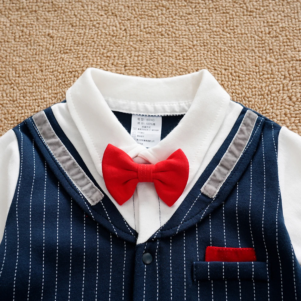 1 Pcs Baby Boy Clothes Gentleman Style Long Sleeves with Red Bowtie Jumpsuit