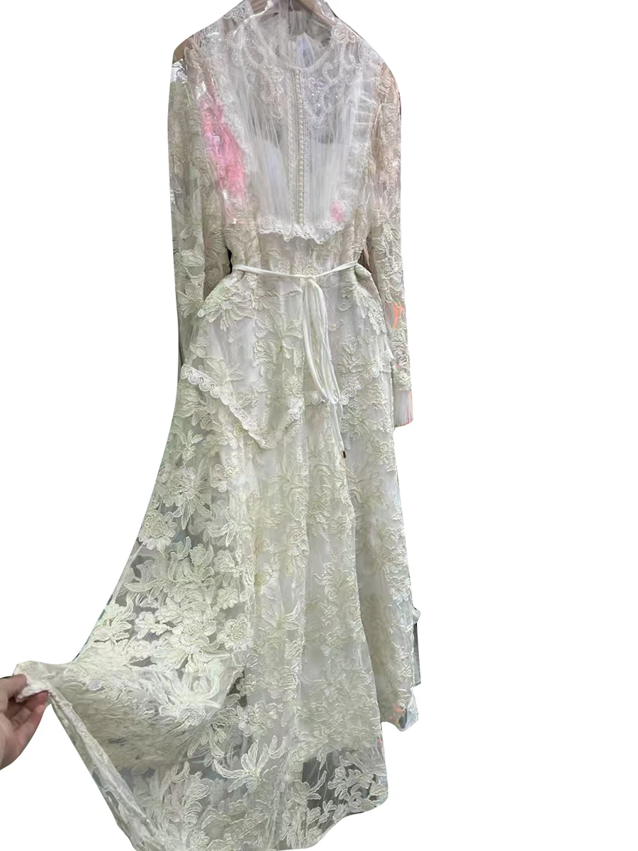 VGH Elegant Party Spliced ชุดลูกไม้สําหรับผู้หญิงคอยาวแขนยาว Patchwork Sheer ตาข่ายสําหรับเด็กชุดเสื้อผ้ามุสลิมหญิง