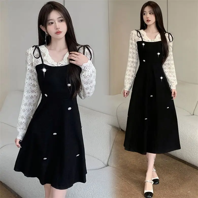 

Fake Two Hepburn Style Small Black Dresses Women's Plus Size Women's Clothing French High-end Dresses