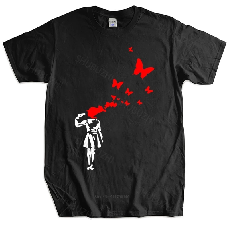 New fashion t-shirt cotton tees Banksy Girl Blowing Brains Out Red Butterflies Street Art Men Tshirt Cotton T-shirt