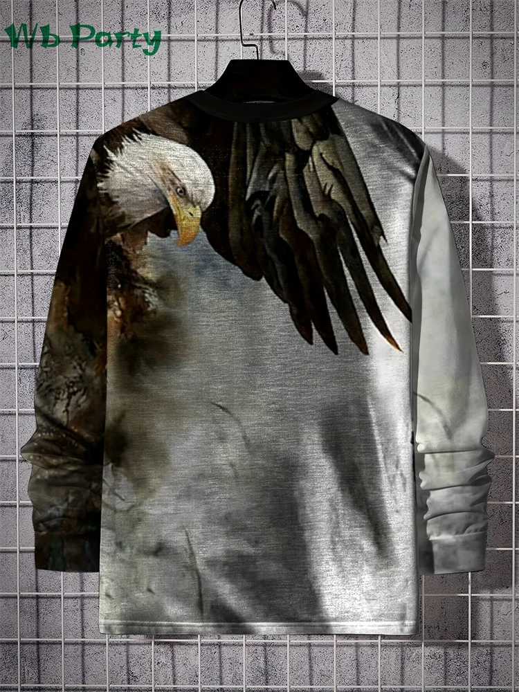 Eagle Print Men's Clothing Round Neck Long Sleeve T-shirt Casual Loose T-shirts for Men Fashion Y2k T shirt Men 2024 New Tops