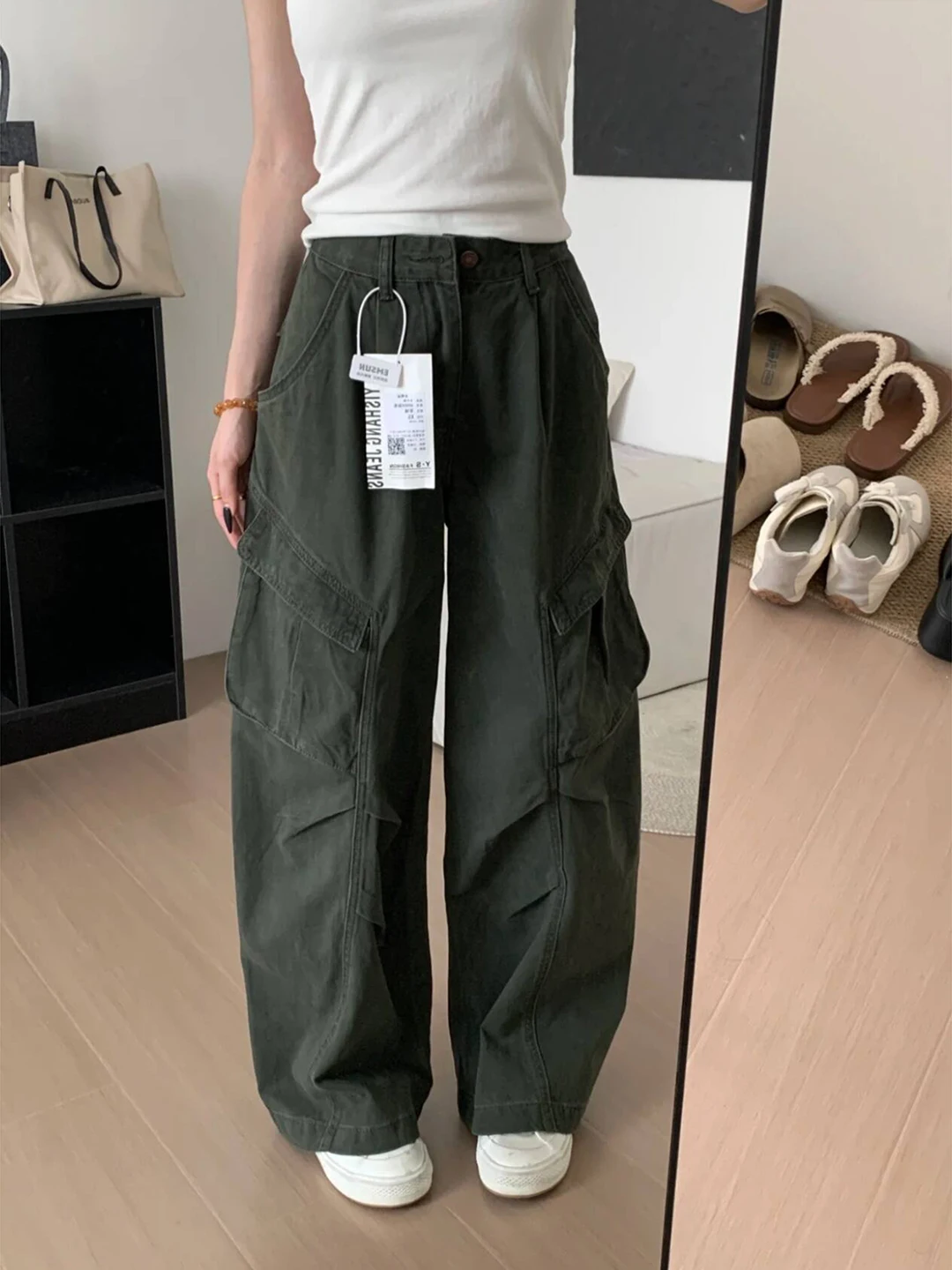 

Женские джинсы-парашюты с широкими штанинами, высокой талией, плиссированные, в стиле милитари, с множеством карманов, из денима, для похудения