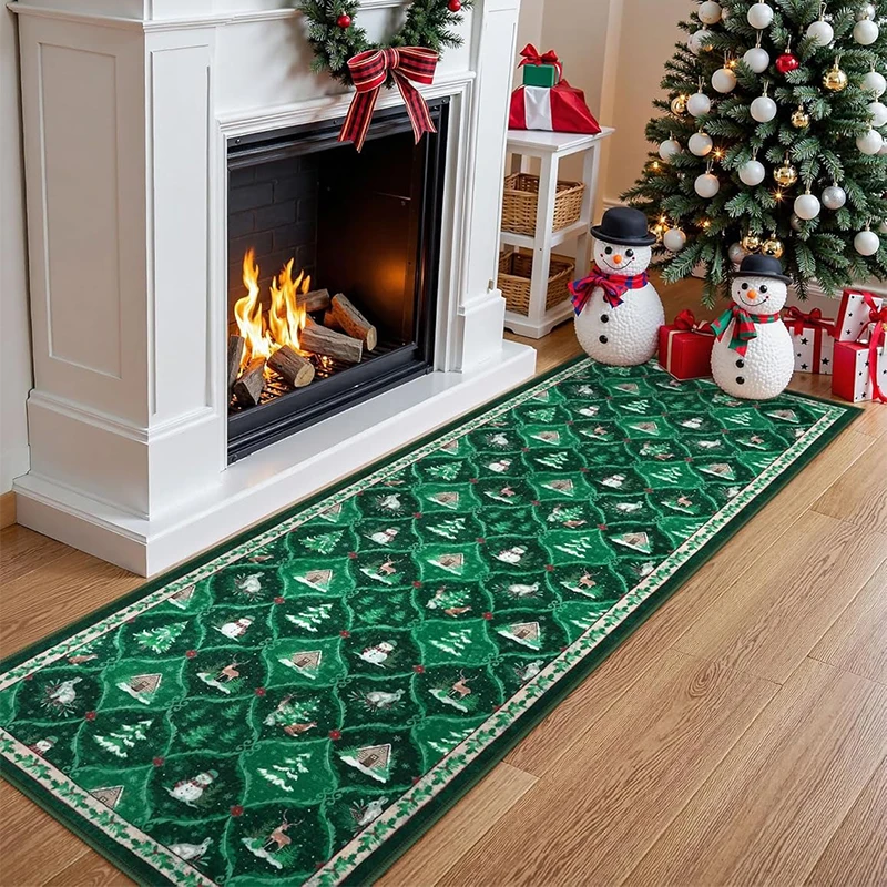 

Runner Rug Corridor Non-slip Machine Washable Easy To Fold Floor Mat Green Plaid Snowman Rugs Christmas Gift Home Decoration Mat