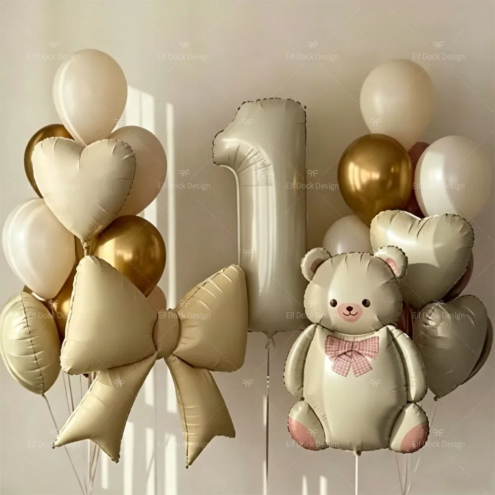 1Set Matte Bear bow love heart Party Balloon Cream Number Foil Balloon for Bear Theme Birthday Party Baby Shower Supplies Gifts