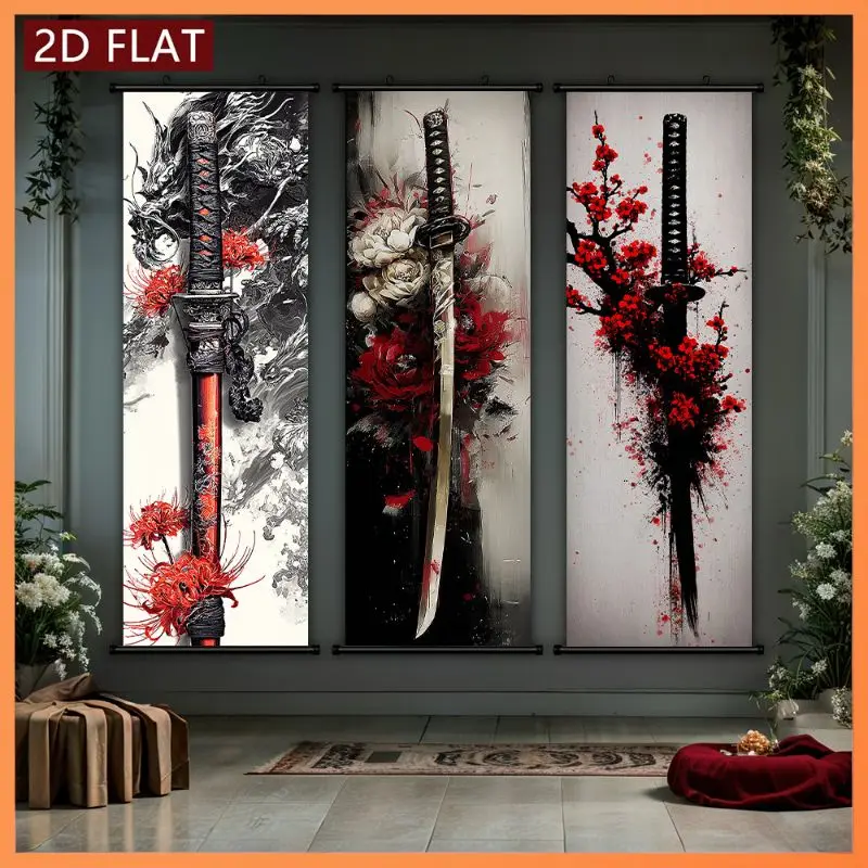 VIKAMA Katana Dragon Peony Wall Tapestry Red Spider Lily Sumi-e Splash Scroll Art Home Decor Modern Style Soft Durable Cozy Gift
