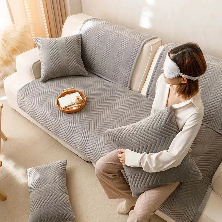 Plush Sofa Cushion All Seasons Universal Solid Color Retro Style Non-Slip Seat Cushion Machine Washable Sofa CoverCushion