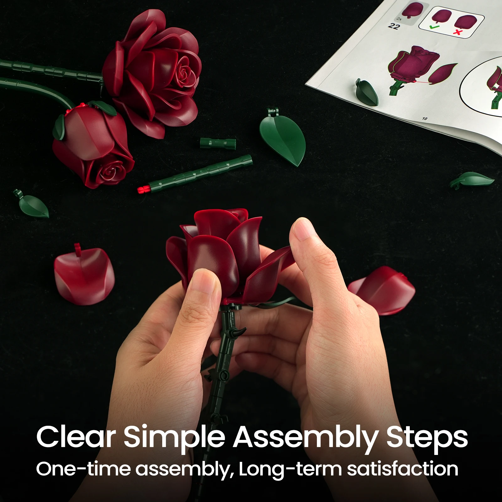Juego de construcción de rosas rojas burdeos, ramo de flores artificiales, decoración botánica para el hogar, regalo de San Valentín para Halloween para adultos y mujeres