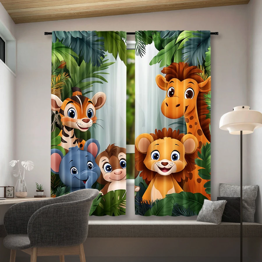 2PCS Digital Printed Curtains, Jungle Adventure Wild Animals Safari, Window Treatments for Living Room Bedroom Home Decoration