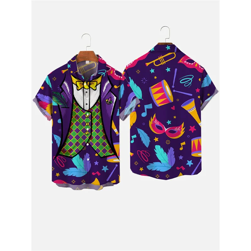 Carnival Guitar Fireworks Pattern Hawaiian Shirt For Men Instrument 3D Printed Blouse Loose Lapel Tops Aloha Shirts Short Sleeve