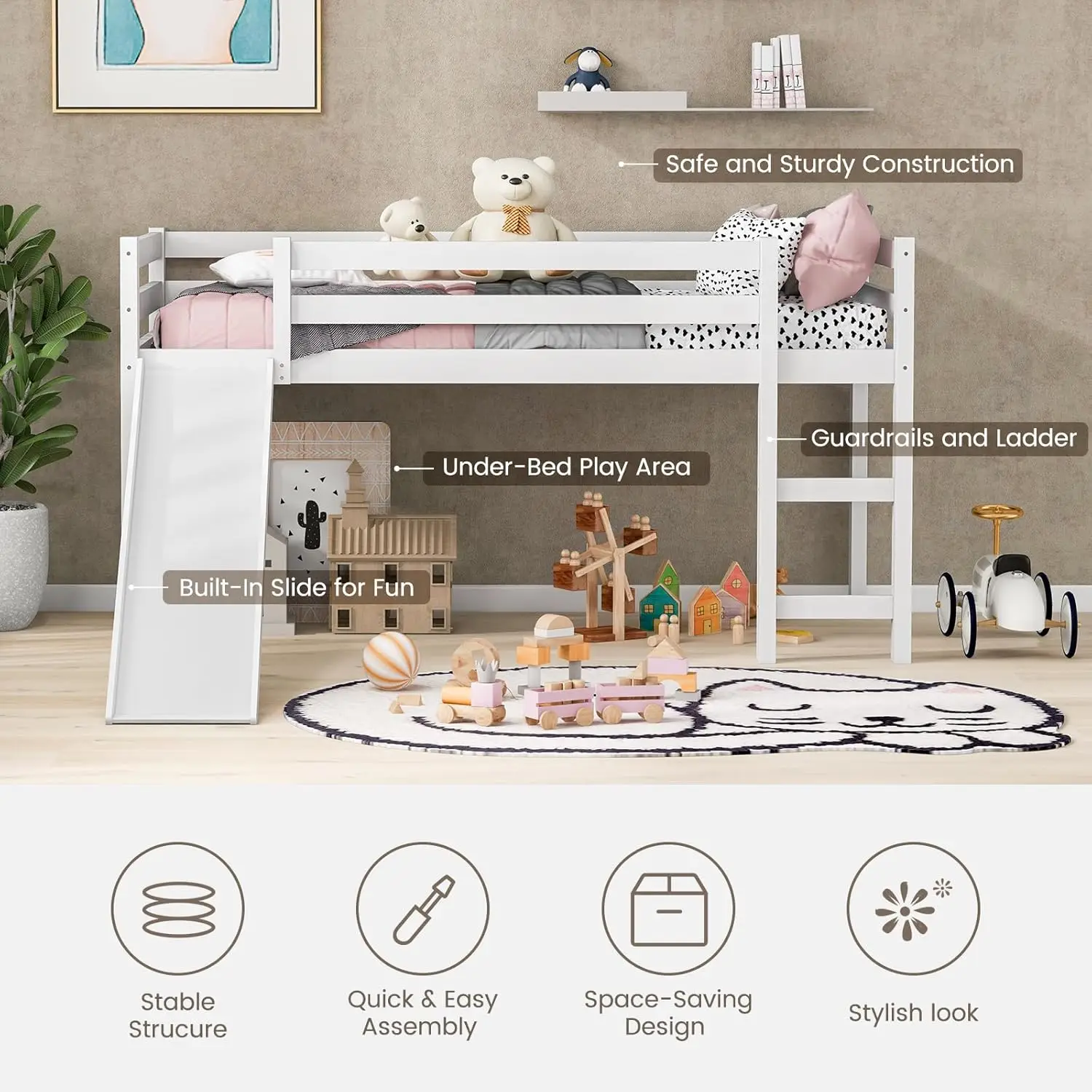 سرير مزدوج علوي مع منزلق وسلالم - إطار من الخشب الصلب للأطفال، وقضبان حماية، ودعم شرائح، وسلم التسلق، ولمسة نهائية بيضاء