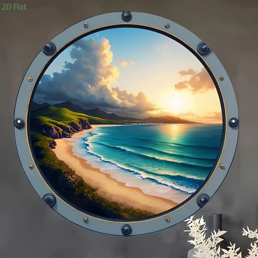 2D Flaches Aluminium-Schild, rund, 8x8 Zoll, Meeres-Sonnenuntergang-Strand-Fensterszene, Wandkunst, Metallschild für Wohnzimmer, Schlafzimmer, Eingangsbereich, Hausdekoration